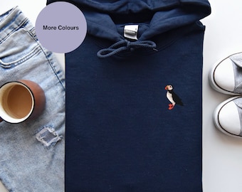 Puffin Embroidered Hoodie: Organic Cotton Blend Seabird Clothing, Parrot of the sea clothing