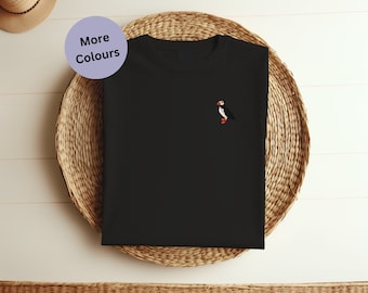 Puffin Embroidered Organic Cotton T-Shirt: Bird Lover Gift. Embroidery clothing. Bird Tee