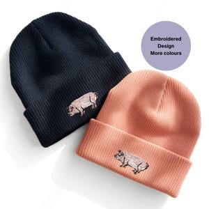 Bonnet brodé cochon, Bonnet unisexe brodé animal de la ferme pour les amateurs de cochons. chapeau brodé d'animaux. Bonnet brodé d'hiver chaud