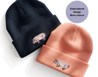 Gorro unisex con bordado de cerdo. Regalos cálidos de invierno con bordado de cerdo.