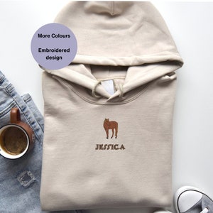 Horse embroidered Hoodie with the option to personalise. Gift ideas for horse riders, horse lovers and Jockeys. Horse clothing embroidered