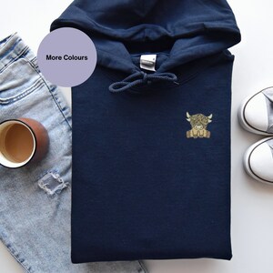 Embroidered Scottish Highland Cow Hoodie: Organic Cotton Winter Wear, Embroidered clothing for farm lovers image 2