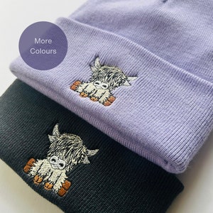 Scottish Highland Cow Embroidered Beanie, highland cow gifts cow lover beanie hat. Farm animal embroidered beanie. Highland cow hat