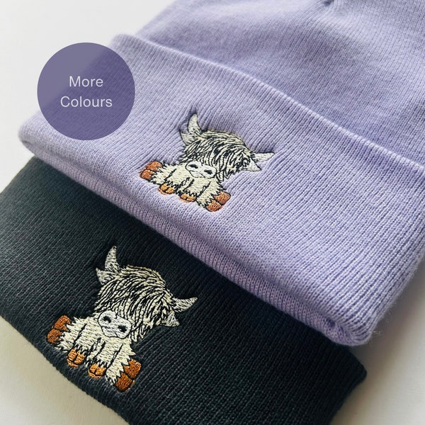 Schottische Highland Cow bestickte Beanie, Highland Cow Geschenke Kuhliebhaber Beanie Mütze. Mütze mit Bauernhoftier-Stickerei. Highland-Kuhhut