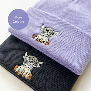Highland Cow Embroidered Beanie, Soft Knit Unisex Winter Cap, Farm Animal Design