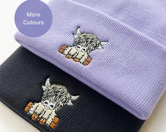 Geborduurde beanie Highland Cow, zachte gebreide unisex wintermuts, ontwerp met boerderijdieren