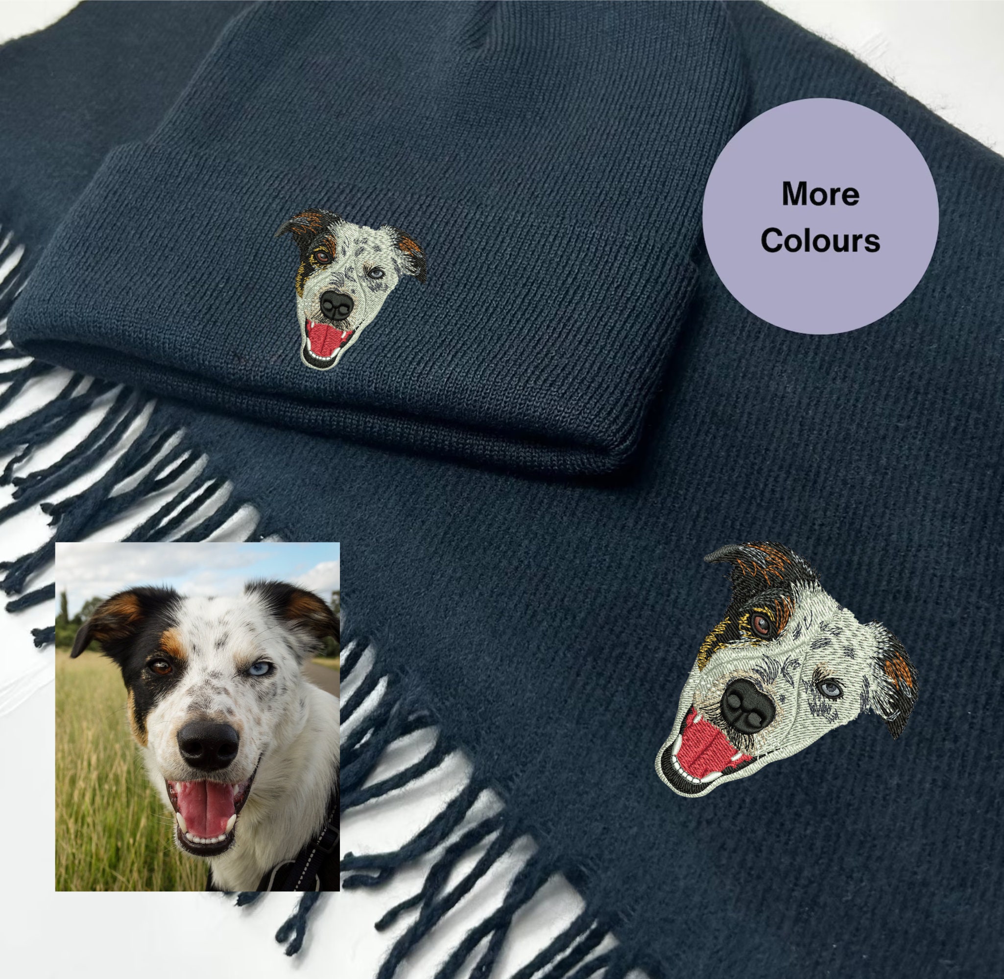 Add your pet embroidered beanie hat and scarf set Pet portrait embroidered winter accessories. Pet embroidery gift ideas. Custom embroidery