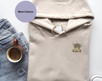 Hoodie geborduurde Schotse Hooglander: winterkleding van biologisch katoen, geborduurde kleding voor boerderijliefhebbers