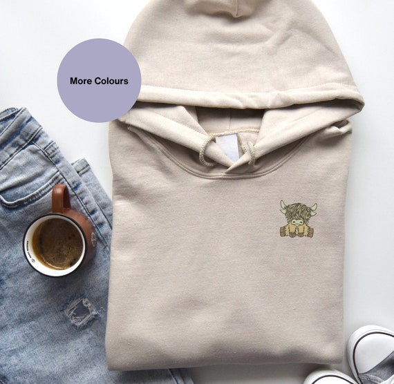 Embroidered Scottish Highland Cow Hoodie: Organic Cotton Winter Wear, Embroidered clothing for farm lovers