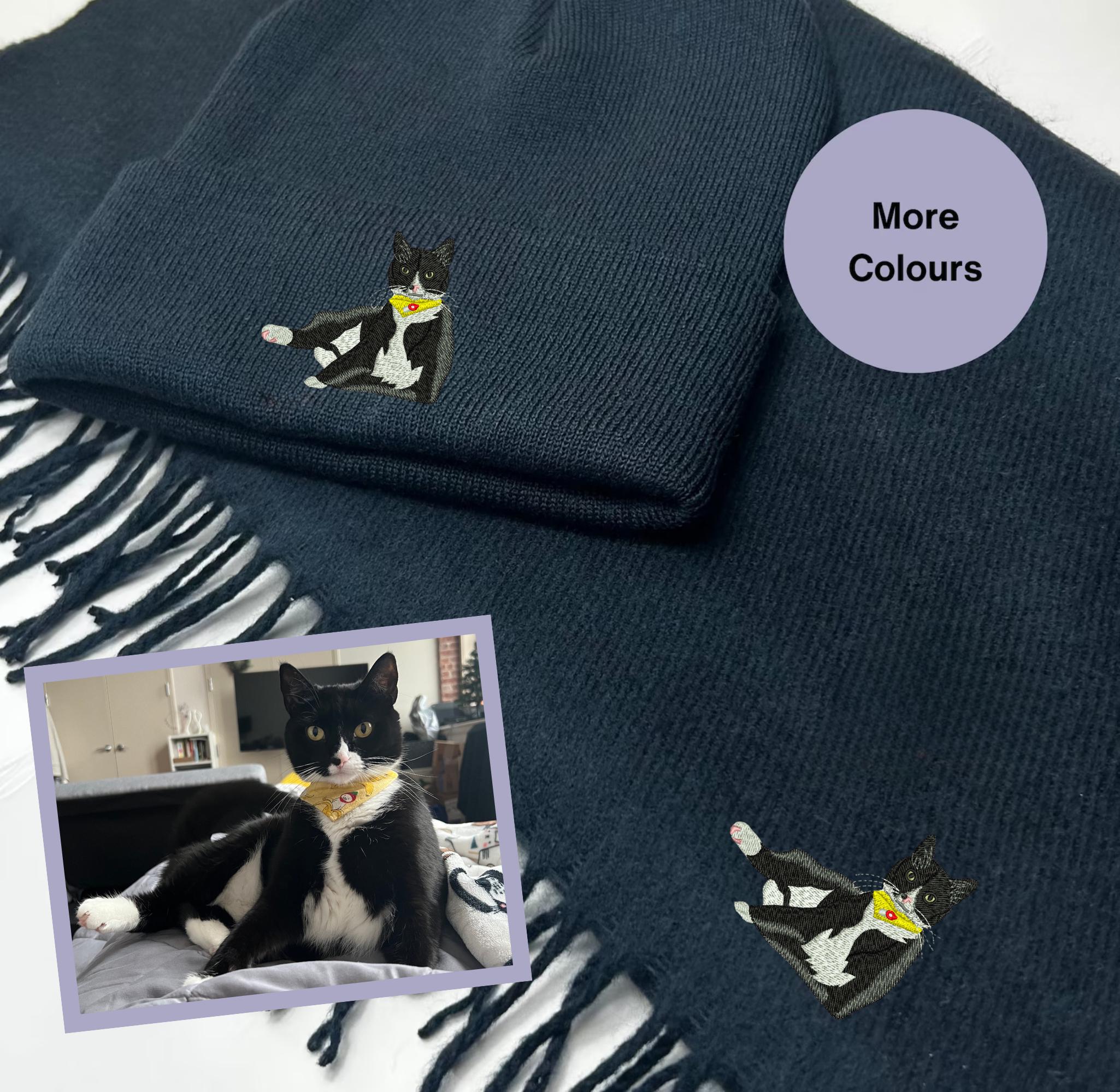 Add your pet embroidered beanie hat and scarf set Pet portrait embroidered winter accessories. Pet embroidery gift ideas. Custom embroidery
