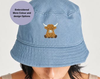 Embroidered Highland Cow Bucket Hat, Cotton Sun Hat, Scottish Countryside Style