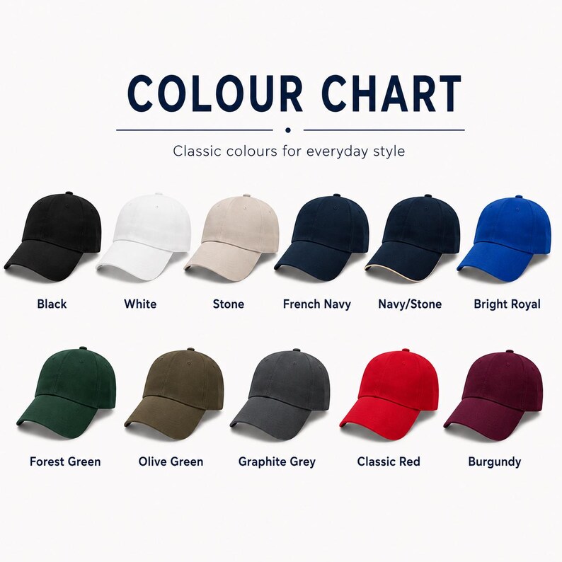 Puede incluir: Una carta de colores que muestra doce gorras de b&eacute;isbol en varios tonos, incluyendo negro, blanco, piedra, azul marino, marino/piedra, azul real, verde bosque, verde oliva, gris grafito, rojo cl&aacute;sico y burdeos con el texto COLOUR CHART.