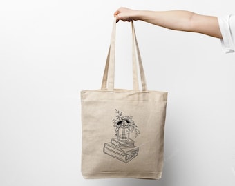 Book worm tote bag, book tote bag. Minimalist bookshelf tote bag, book lover gift tote bag, flower canvas tote bag reading cotton tote bag