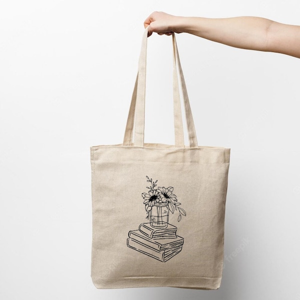 Book worm tote bag, book tote bag. Minimalist bookshelf tote bag, book lover gift tote bag, flower canvas tote bag reading cotton tote bag