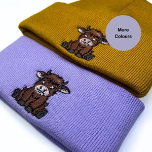Adorable Scottish Highland Cow Embroidered Beanie hat. Embroidered Highland cow hat. Cow lovers gift ideas. Winter accessories. Farm lovers