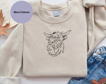 Highland cow embroidered sweatshirt, unisex embroidered highland cow jumper. Highland cow jumper. Minimalist highland cow jumper