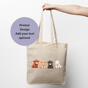 Scottish Highland Cow Tote Bags with personalisation option. Scottish highland cow gift ideas. Farm animal tote bags.