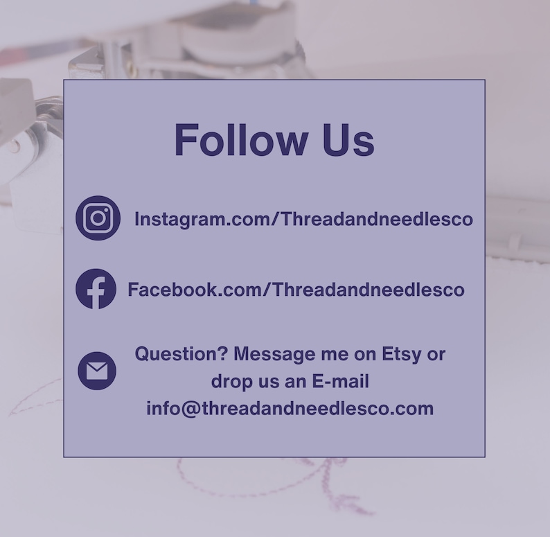 Peut inclure: Un graphique violet et blanc avec le texte "Follow Us" et des ic&ocirc;nes de m&eacute;dias sociaux pour Instagram, Facebook et Etsy. Le texte sous les ic&ocirc;nes indique "Question ? Contactez-moi sur Etsy ou envoyez-nous un e-mail info@threadandneedlesco.com".