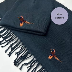 Embroidered Pheasant Winter Scarf and Beanie Set: Countryside Accessory, Bird lovers gift set
