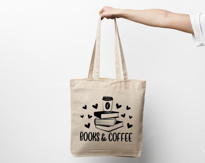 Book & coffee tote bag reusable bag, Sustainable canvas tote bag, Book lover Coffee lover bookworm reading bookworm book lovers tote bag