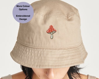 Unisex Embroidered Mushroom Bucket Hat, Organic cotton sustainable hat.Summer, Festival, Beach Bucket Hat. Gift ideas for Mushroom Lovers