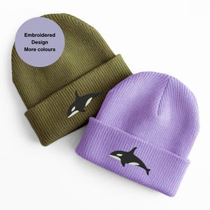 Orca Whale embroidered beanie hat. Warm winter beanie hat. Orca lover gift ideas, whale lovers. Embroidered whale. beanie hats orca