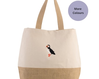 Embroidered Puffin bag  Embroidered Shoppers jute bag, Jute beach bag, everyday bag. The bird lovers gift idea. Parrot of the sea bag