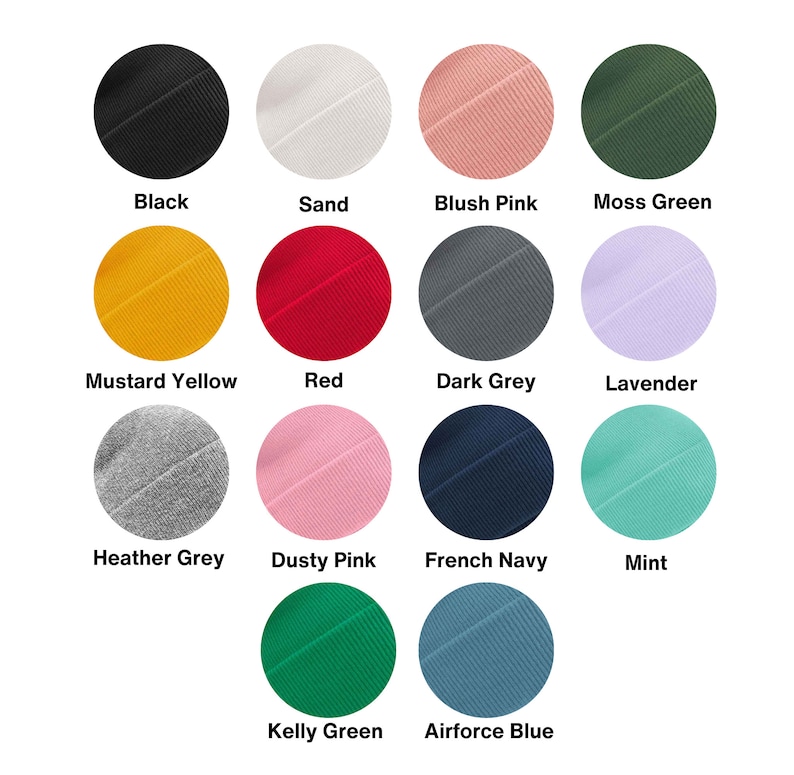 Puede incluir: Una colecci&oacute;n de 14 gorros de lana en varios colores, incluyendo negro, arena, rosa rubor, verde musgo, amarillo mostaza, rojo, gris oscuro, lavanda, gris jaspeado, rosa polvoriento, azul marino franc&eacute;s, menta, verde kelly y azul de la fuerza a&eacute;rea.