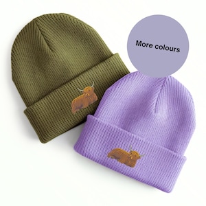 Laying down Highland cow embroidered beanie hat, Embroidered cow beanie hat, Farm animal gift ideas, Embroidered cow hat