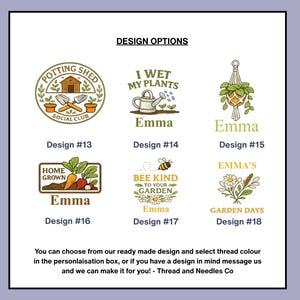May include: A selection of garden-themed designs, including a potting shed, watering can, and hanging plant, with the name "Emma" featured on several. The designs are displayed with their corresponding numbers, offering customization options.