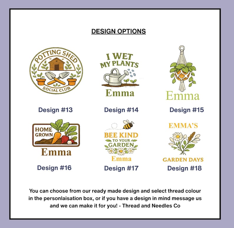 May include: A selection of garden-themed designs, including a potting shed, watering can, and hanging plant, with the name "Emma" featured on several. The designs are displayed with their corresponding numbers, offering customization options.