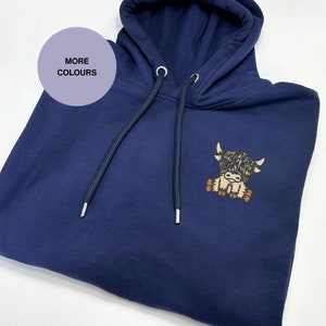 Embroidered Scottish Highland Cow Hoodie: Organic Cotton Winter Wear, Embroidered clothing for farm lovers image 4