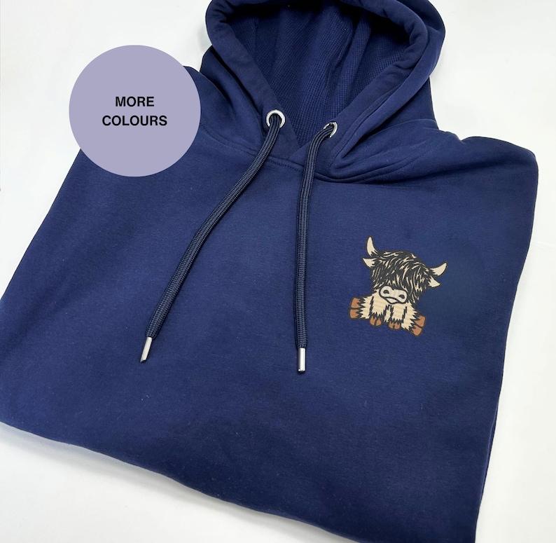 Embroidered Scottish Highland Cow Hoodie: Organic Cotton Winter Wear, Embroidered clothing for farm lovers image 4