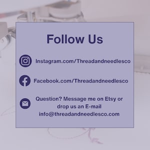 Puede incluir: Un cuadrado morado claro con las palabras "Follow Us" en blanco. Debajo hay iconos de redes sociales para Instagram y Facebook, con las URL correspondientes. Se proporciona informaci&oacute;n de contacto para mensajes de Etsy o correo electr&oacute;nico.