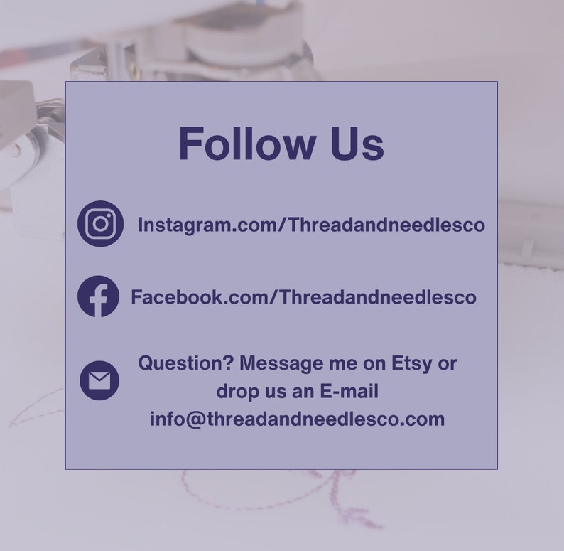 Puede incluir: Un cuadrado morado claro con las palabras "Follow Us" en blanco. Debajo hay iconos de redes sociales para Instagram y Facebook, con las URL correspondientes. Se proporciona informaci&oacute;n de contacto para mensajes de Etsy o correo electr&oacute;nico.