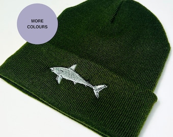 Shark Embroidered Beanie, Fish embroidered beanie hats, Shark gifts ideas. Shark hat. Gift ideas for shark lovers. Ocean fish beanie hat
