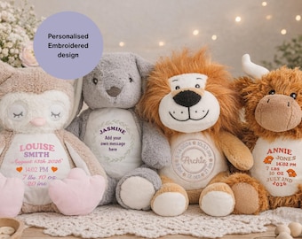 Peluche bordado personalizado, recuerdo de nacimiento del bebé a medida, peluche suave con nombre y fecha
