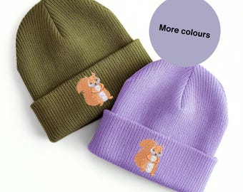 Squirrel Embroidered Beanie Hat: Unisex woodland animal gift ideas. 100% Acrylic winter hat