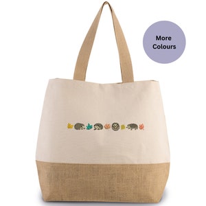Großer Igel bestickt Jute Shopper 100% Baumwolle Leinwand Herbst Wald Design Geschenk für sie, Geschenk für ihn Igel bestickt Tragetasche