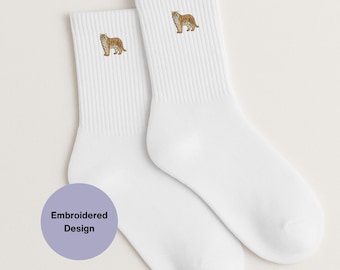 Calcetines de tripulación bordados con tigre, calzado de algodón con diseño de animales de la selva, novedad unisex en blanco y negro.