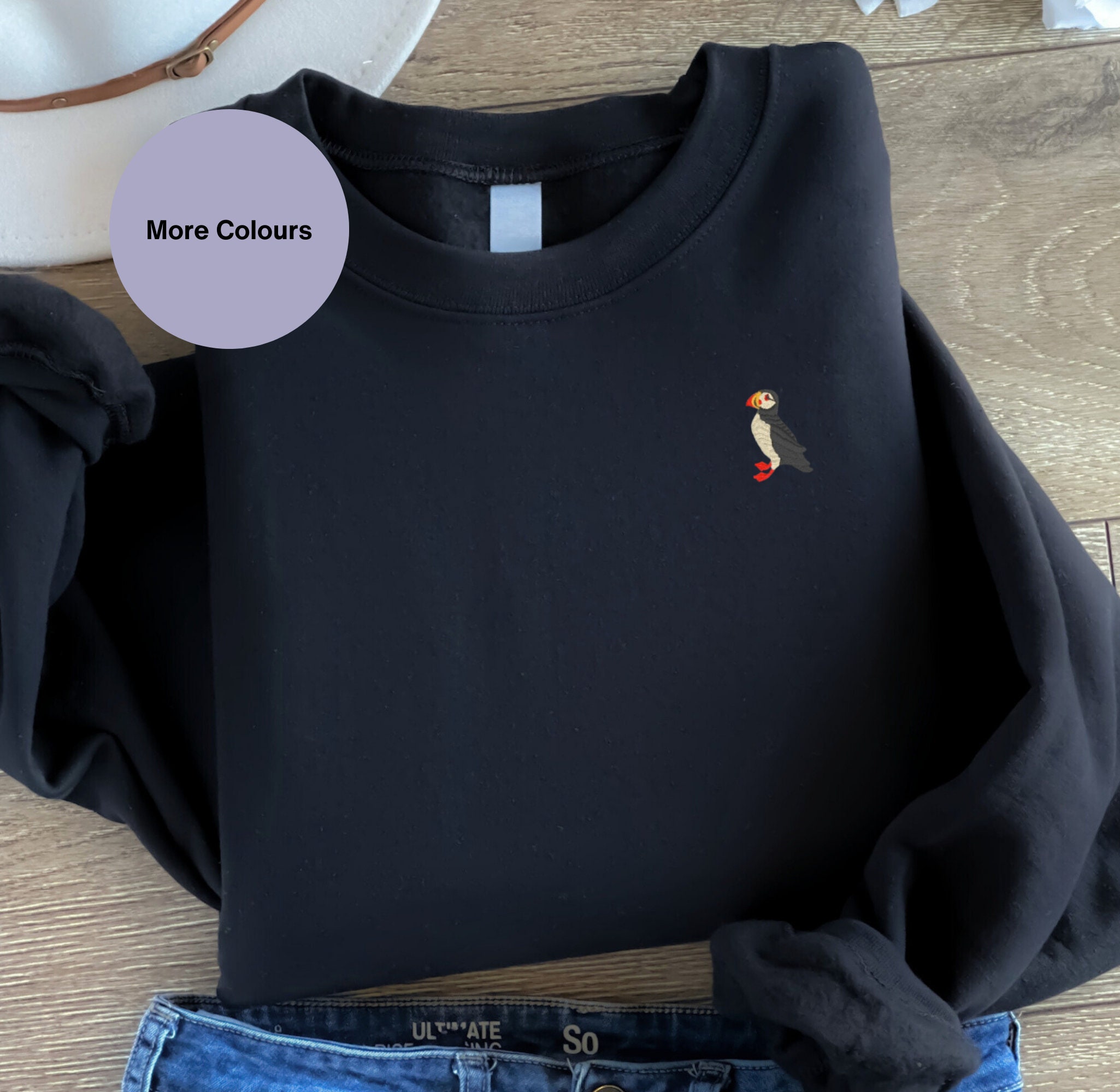 Embroidered Puffin Bird Sweatshirt: Unisex Cotton Blend Jumper, Parrot of the sea clothing