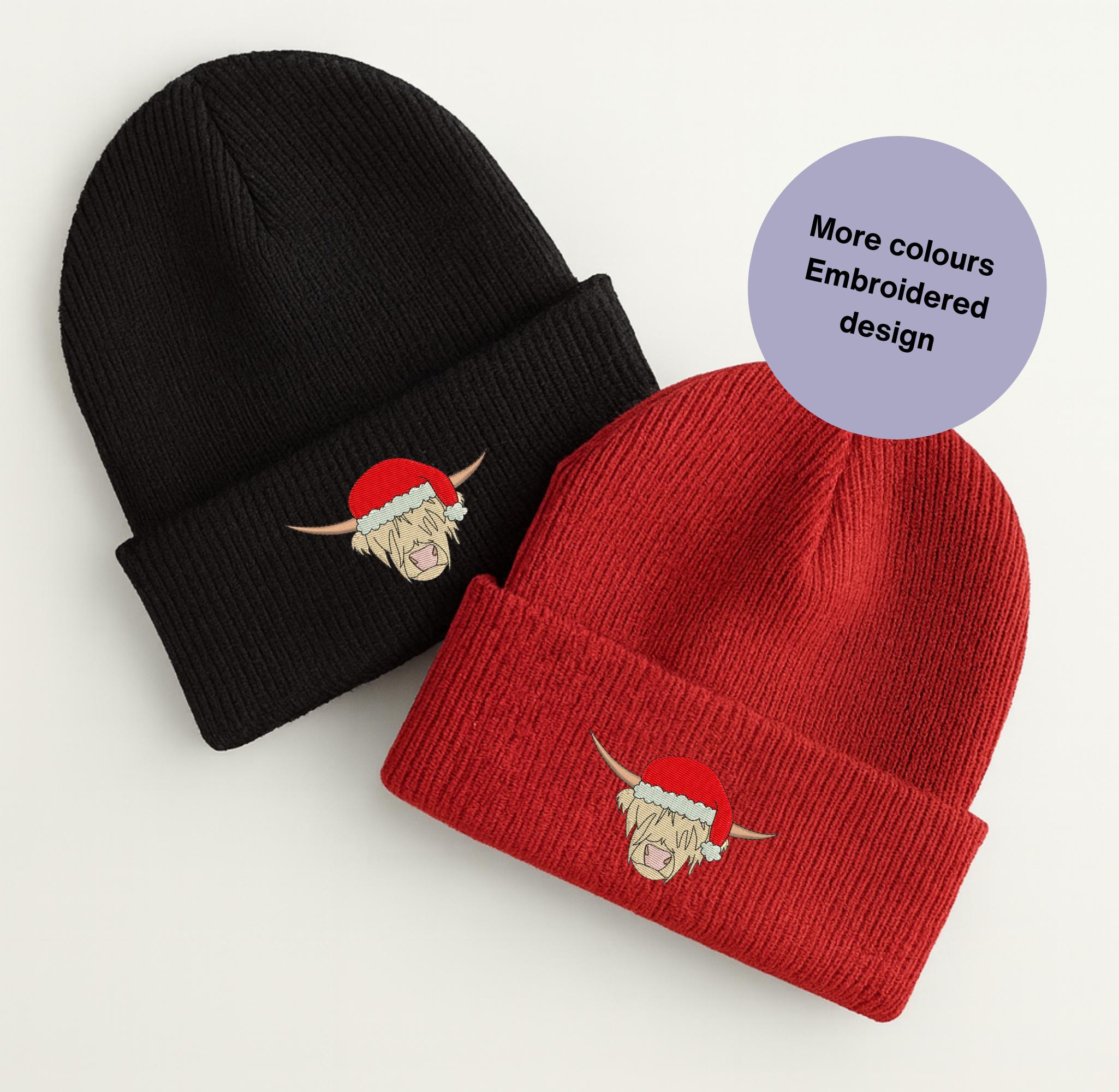 Embroidered Highland Cow Christmas Beanie: Soft Acrylic Festive Hat for cow lovers.