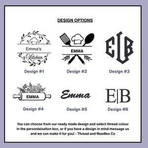 May include: A white graphic with six design options for personalization. The designs include kitchen-themed illustrations, a monogram, and the name "Emma" in various fonts. Text at the bottom reads, "You can choose from our ready made design..."