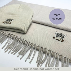 Scottish Highland embroidered scarf and hat set Embroidered beanie hat. Cow embroidered scar. Gift for scooting highland cow lovers