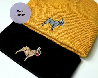 Geborduurde beanie Franse bulldog: warme winter gebreide acrylmuts, hondenborduurwerk, winteraccessoires