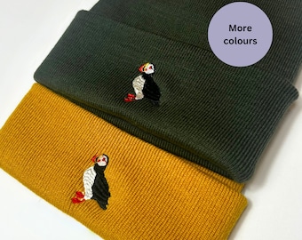 Puffin Embroidered Beanie Hat,  8 Colours Available. Warm Winter Beanie for Bird Lovers. Puffin gifts ideas. Puffin hats