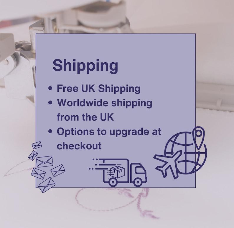 Puede incluir: Un cuadrado morado claro con la palabra "Shipping" en texto blanco. Debajo hay vi&ntilde;etas: "Free UK Shipping", "Worldwide shipping from the UK" y "Options to upgrade at checkout". La imagen tambi&eacute;n incluye iconos de un cami&oacute;n, un globo terr&aacute;queo, un avi&oacute;n y sobres.