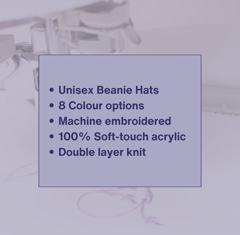 May include: Unisex beanie hats in 8 colors, machine embroidered with a soft-touch acrylic knit. Double layer knit for warmth and comfort.