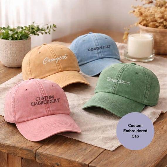 Add your text embroidered Cap, Personalised vintage style hat. 14 colours, custom logo cap