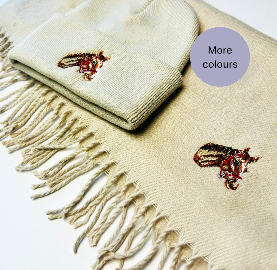 Embroidered Horse Beanie Hat and Scarf Set, Matching Winter Set, Unisex